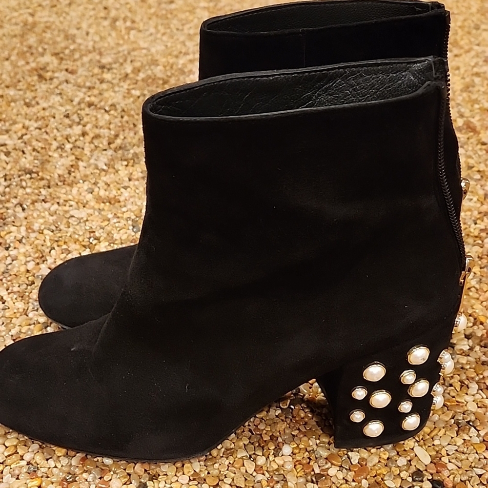 Stuart Weitzman Black Suede Ankle Boots with Pearl Embellished Heels